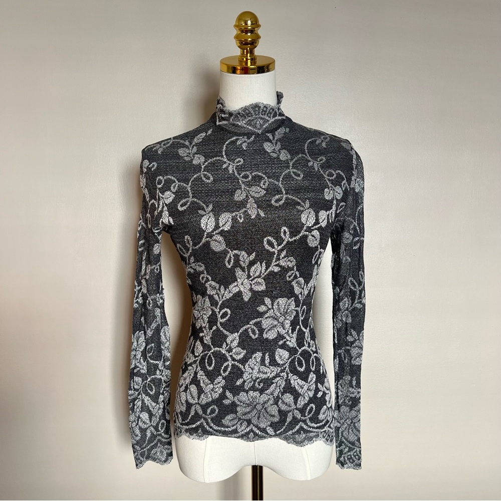 Vintage Y2K Floral Mesh Mock Neck Top Small Sheer Long Sleeve - Picture 1 of 10